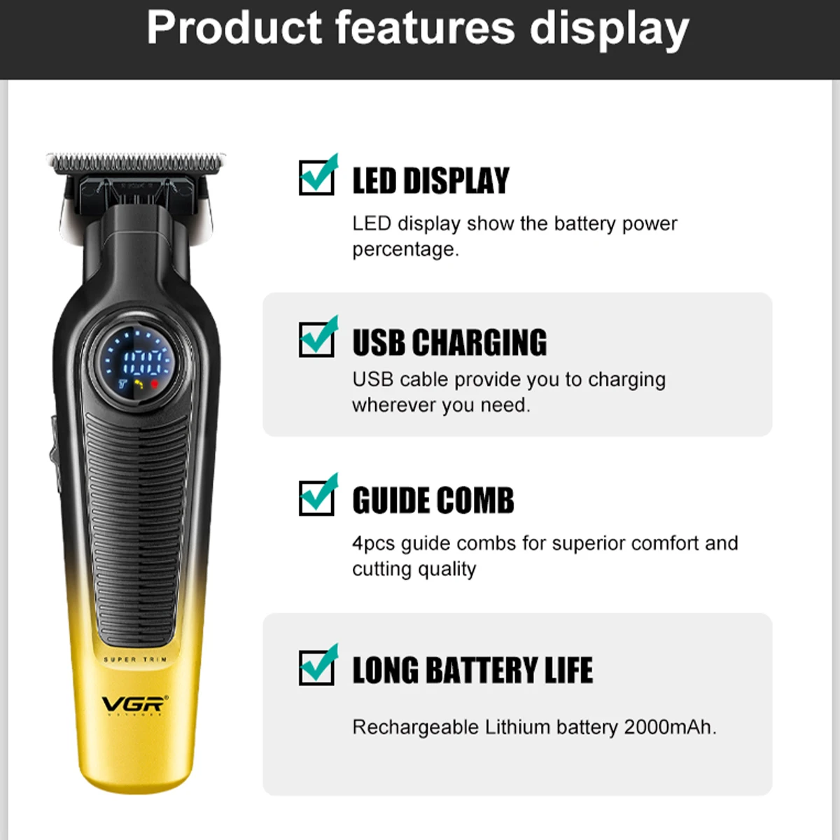 Nueva cortadora de pelo corporal de Metal degradado VGR 996, cortadora de pelo eléctrica para hombres, pantalla Digital inteligente LED, empujador de tallado en casa