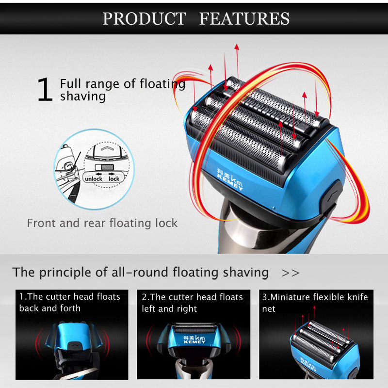 Afeitadora eléctrica Kemei 3D, cuatro cuchillas flotantes, afeitadora electrónica recargable, máquina de afeitar para el cuidado de la cara para hombres, máquina de afeitar para Barba D45