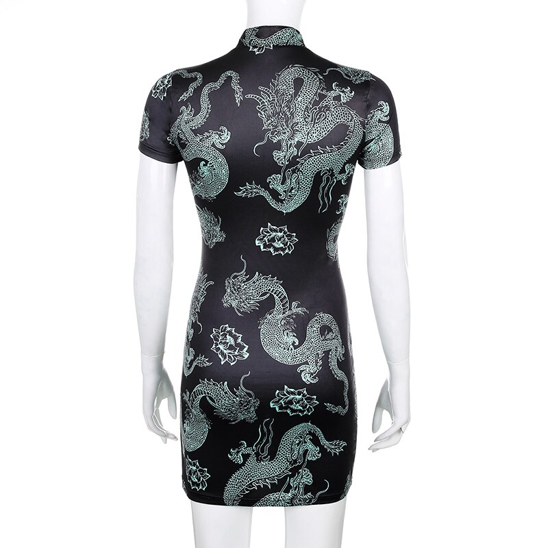 Weekeep Chinese Style Dragon Print Mini Split Dress Summer Cut Out Short Sleeve Bodycon Dresses Party Streetwear Clothes