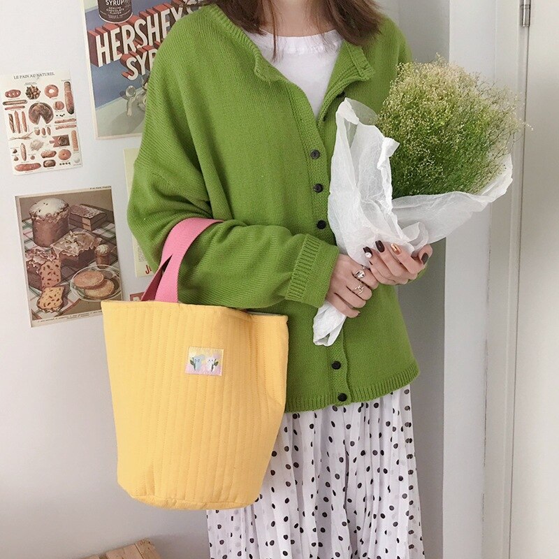 Katoenen emmertas gestreepte gewatteerde schoudertassen crossbody trekkoord kleine tas warme canvas draagtas voor dames: Geel zonder band