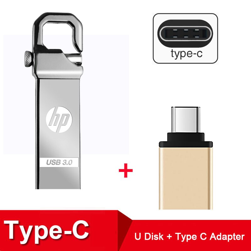 Unidad Flash USB de Metal HP 32GB 64GB DIY Pendrive X750W Cle USB 3,0 memoria Stick llave gancho de pulgar bloqueo Fles disco en llave: 64 GB / X750W Plus Type-C