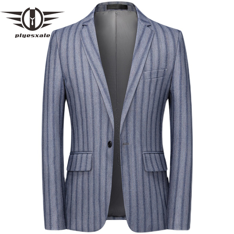Plyesxale-Blazer de rayas verticales para hombre, chaqueta informal de negocios, de talla grande, color azul claro, Q391,