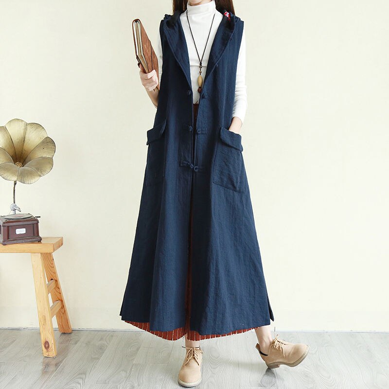 Vintage ethnique à capuche longue gilet femmes en vrac grande poche travail manuel Art grande taille sans manches veste dames Colete