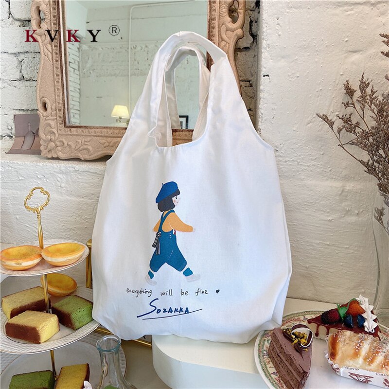 Original Illustration Korean Cartoon Printed White Canvas Bag Student Personality Handbag Shoulder Bag Green Bags