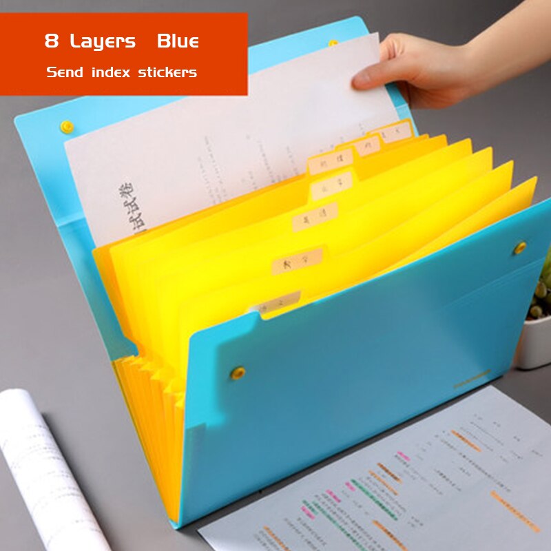 Papirvarer og plast multi-lags stor kapacitet 8-- lags orgeltaske bærbar studenteropbevaringspose-filmappe: Blå
