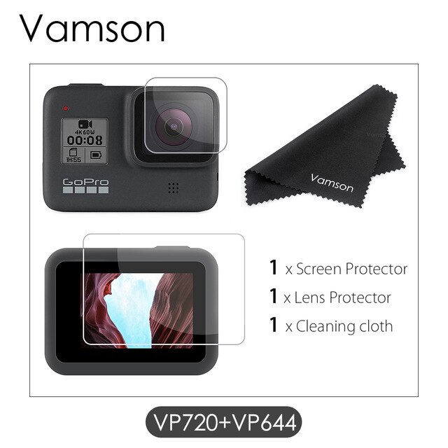 Vamson-gopro hero 8の保護ケース,黒いフレーム,ボーダーカバー,強化ガラススクリーン,goproアクセサリ,vp652: VP720