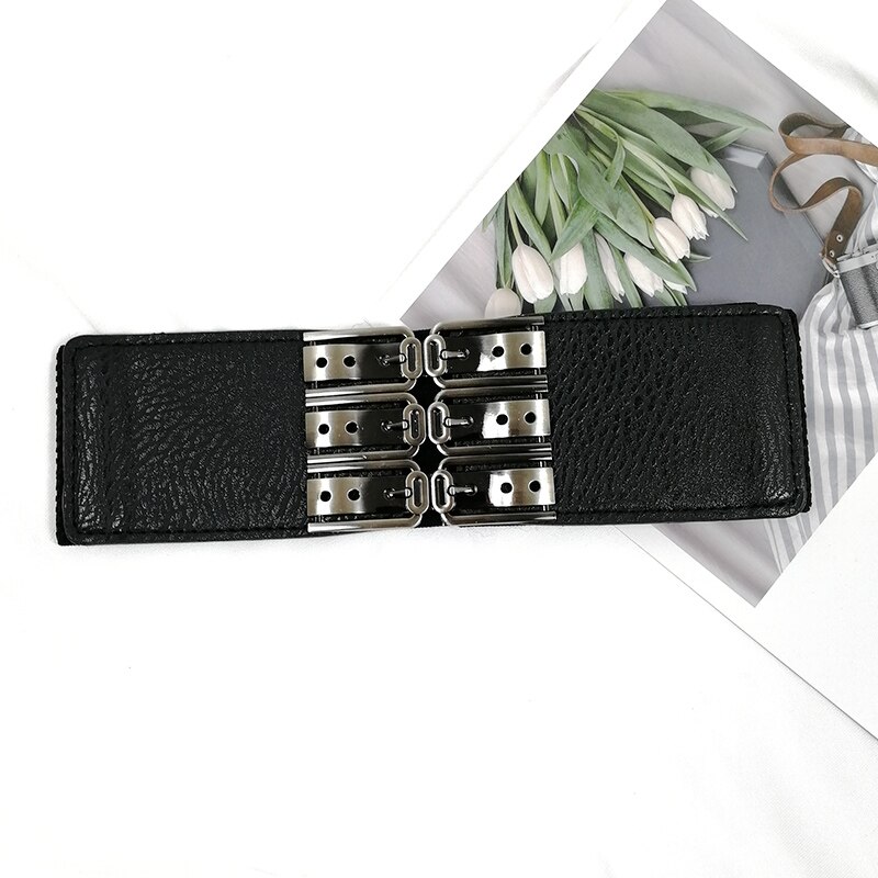 Cinturones de talla grande para mujer, faja ancha elástica, cinturón de vestir, cinturón de cintura elástica para mujer, cintos de cuero negro: three row