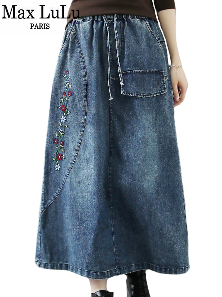 Max lulu forår kinesisk stil denim nederdele dame fritid løst broderi tøj dame klassiske harajuku kjoler