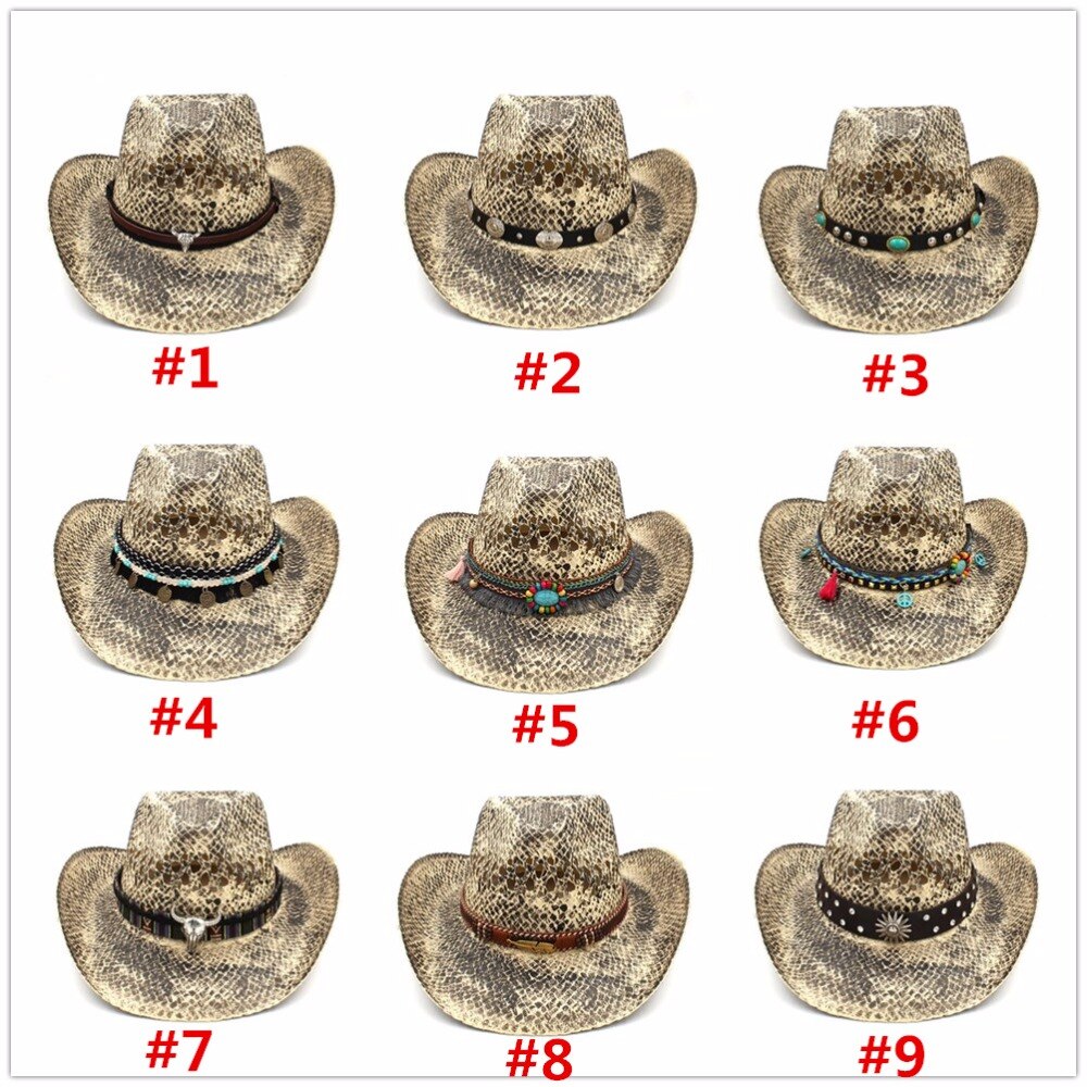 100% Straw Men Western Cowboy Hat Handmade Weave Dad Sombrero Hombre Cowgirl Jazz Caps Punk Belt Band Size 56-58CM