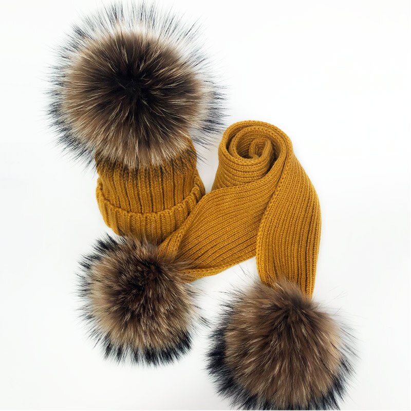 Ouder-kind Winter hoeden Schattige Baby bont Pompon Hoed Sjaal Sets Echte Natuurlijke Haarbal Caps Moeder Kinderen Warme Gebreide Hoeden Winter Bea: S / CAMEL