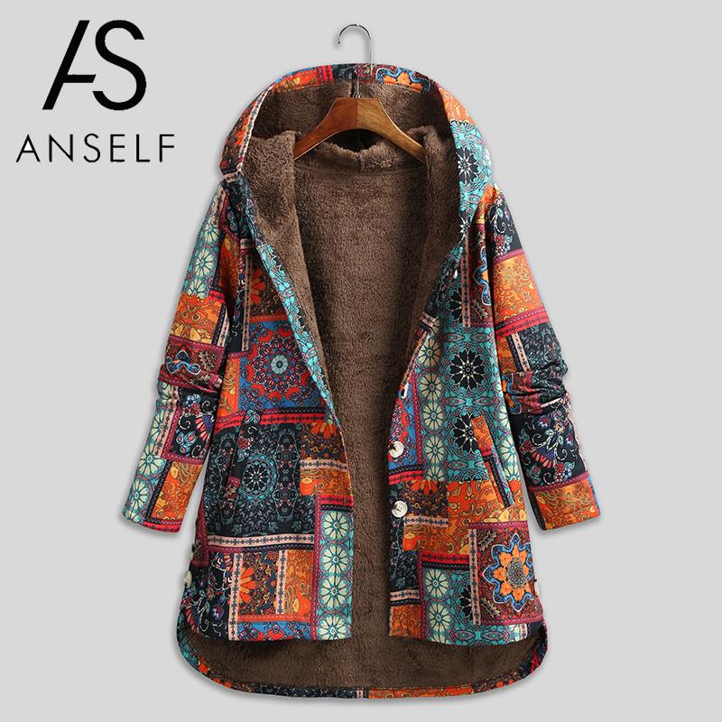 5xl plus size parkaer kvinner vintage løs hettefrakk med blomstertrykt fleeceknappet vinter varm parka langfrakk yttertøy