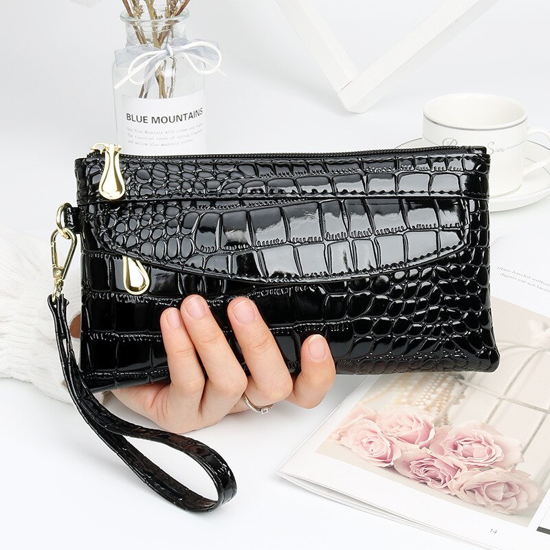 Damen-geldbörsen aus lackleder, lange damen-geldbörse mit doppeltem reißverschluss, clutch-tasche, rote handtasche, krokodilleder-geldbörsen: Schwarz