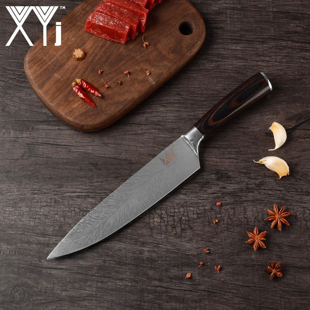 XYj Stainless Steel Kitchen Knives Set 8'' INCH Knife Storage Box Holder Damascus Pattern Veins Blade Full Tang Blade Accessory