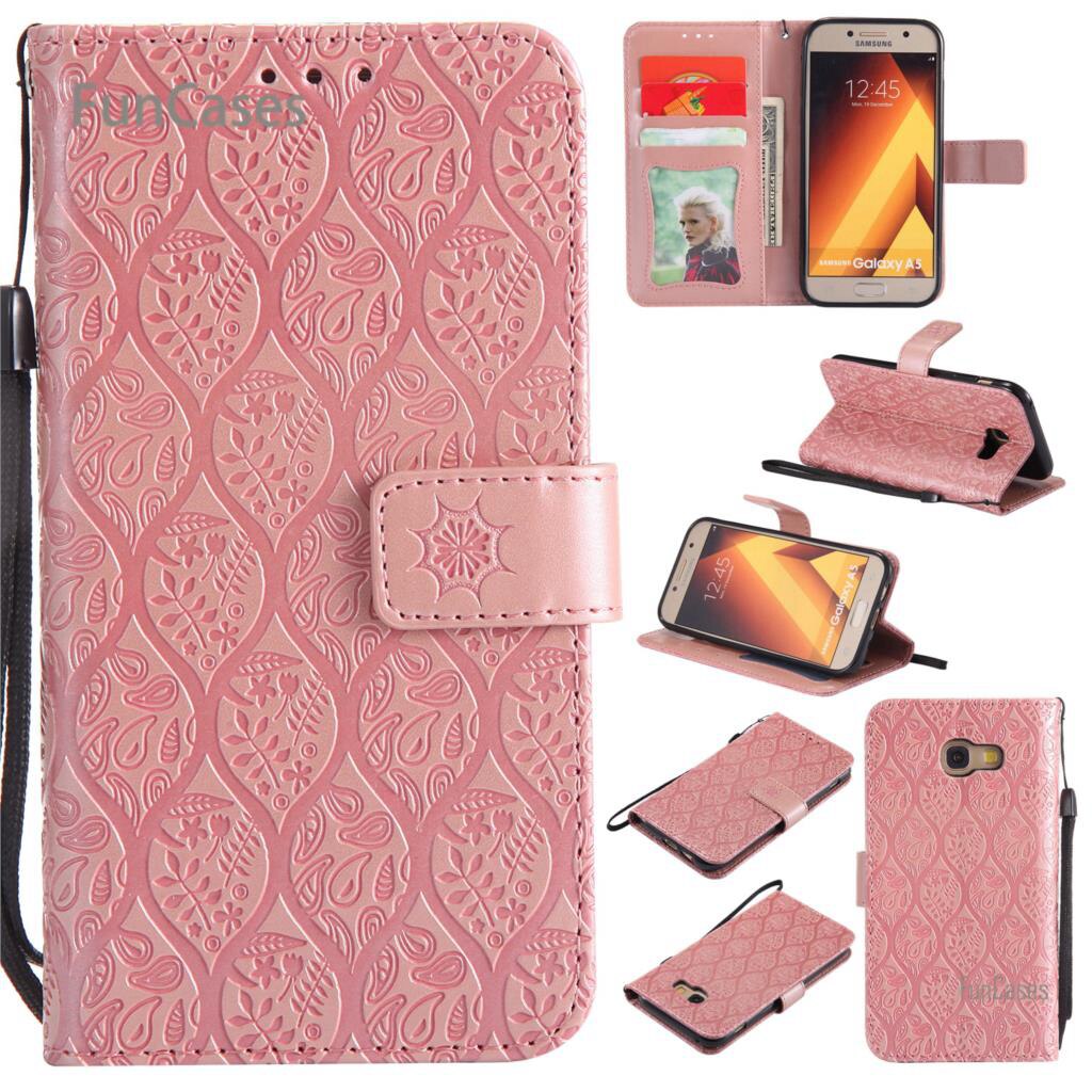 Funda con tapa en relieve de vid para Ajax Samsung A5 funda de teléfono de cuero de poliuretano Vintage funda de diamantes de imitación para Samsung Galaxy A520 Tok: Rose