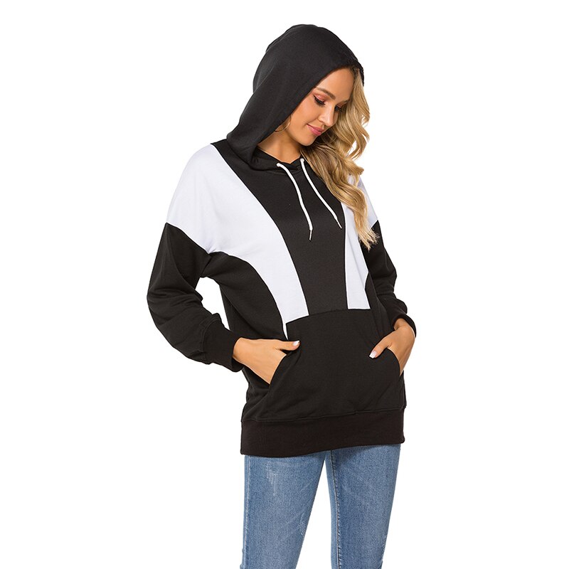Women's Hooded Hoodie Sweatshirts Black And White Contrast Color Autumn And Winter Ladies Loose Casual Hoodie