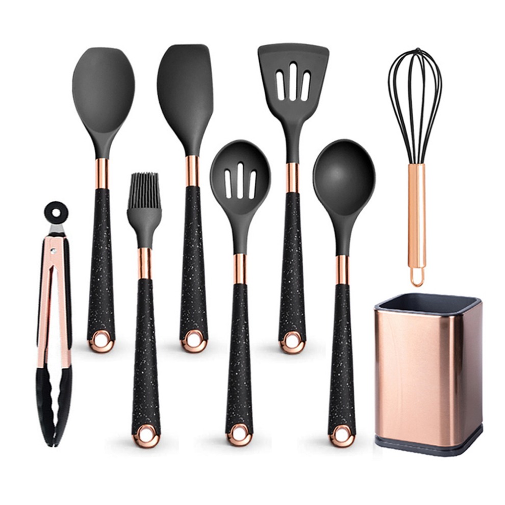 Silicone Cooking Utensils Set Heat Resistant Kitchen Spatula Spoon Non-Stick Tools With Rose Gold-Plated Handle And Holder: PURPLE