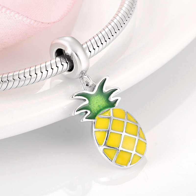 Sommer stil 925 Silber Ananas Gelb und grün Emaille Charme Perlen passen Original Armbinde feine für Frauen DIY Schmuck Machen