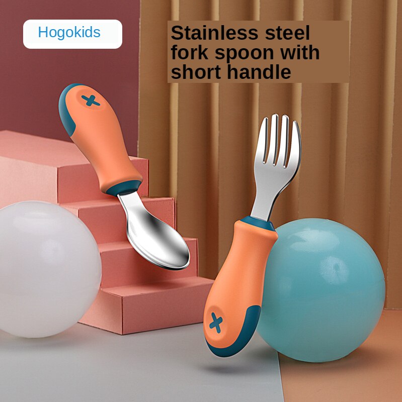Kinderen Servies 304 Roestvrij Staal Korte Handvat Vork Lepel Baby Draagbare Training Effen Voedsel Lepel Set Baby Lepel H41-186