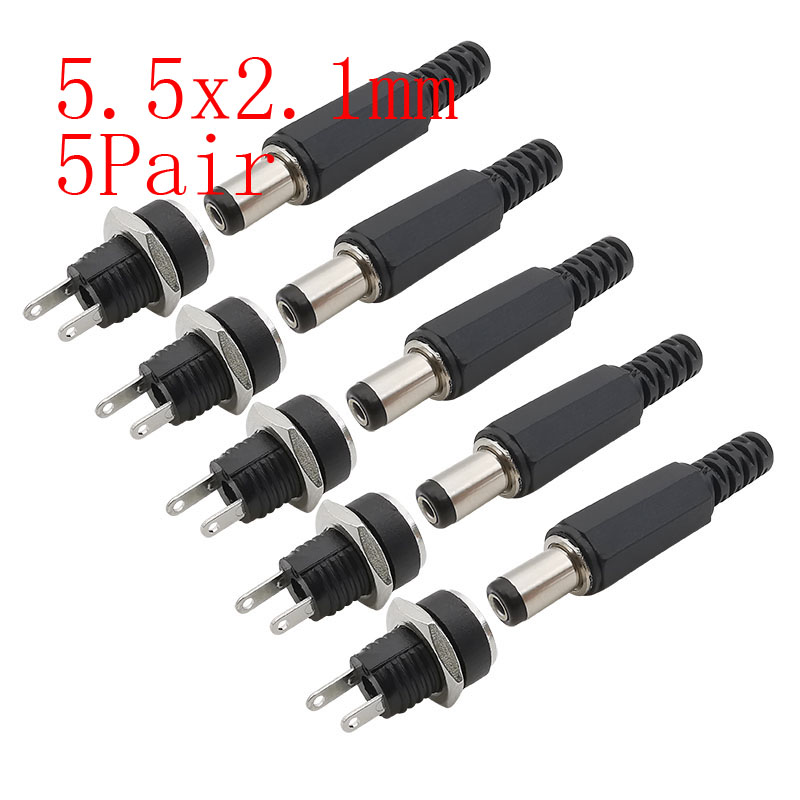 10Pcs 5.5x2.1mm DC Power Male Female Adapter DC-022 DC-025M DC-005 DC-022B 5.5*2.1mm DC Power Supply Plug Jack Socket Connector: Brown