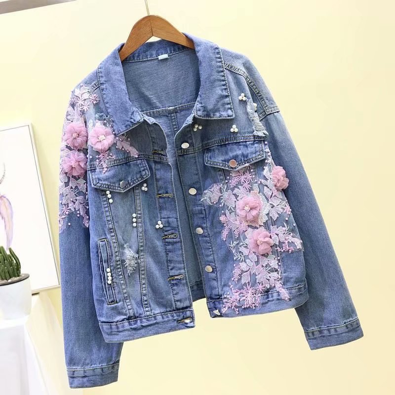 Chaqueta vaquera para niña, ropa con bordado de flores, primavera y otoño,