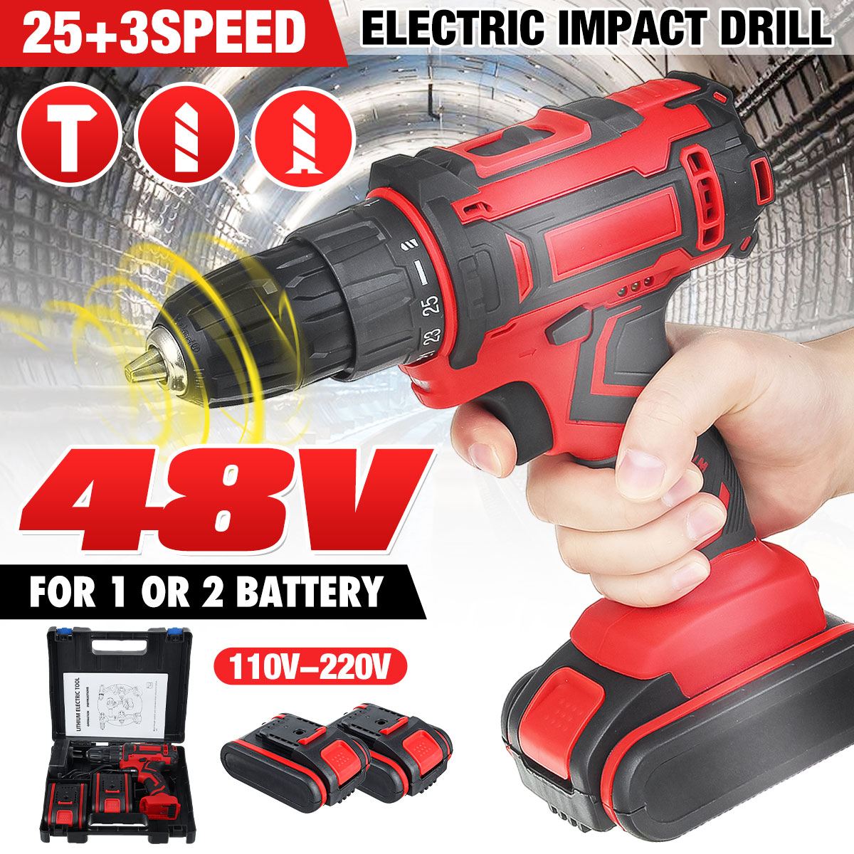 48V 3 in 1 Cordless Impact Electric Drill Hammer Screwdriver 25+3 Turque Power Driver Tools Set with Battery Drill Accessories