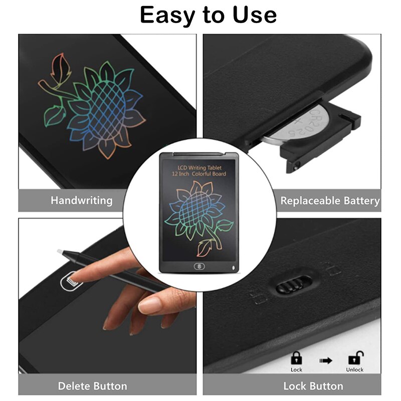 LCD Writing Tablet 12 Inch Colorful Screen Doodle Board Erasable Reusable Drawing Pads Learning Birthday for Kids