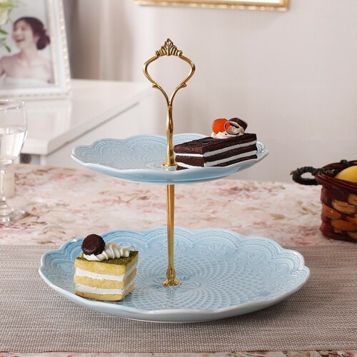 Cristmas-platos de cerámica para decoración, plato de fruta para el hogar, sala de estar, estante para aperitivos y postres, soporte para Tartas, té de la tarde, plato para dulces: 2PLY BLUE