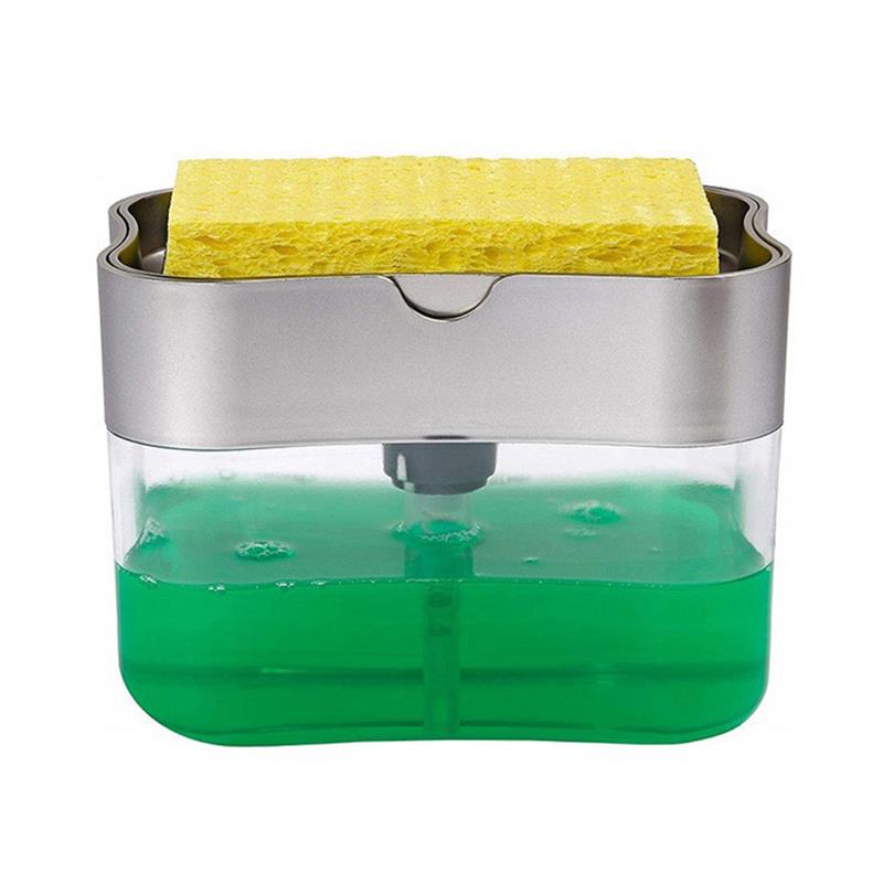 2-In-1 Soap Pump Dispenser With Sponge Holder Liquid Dispenser Container Hand Press Soap Organizer Kitchen Cleaner Tools: Silver