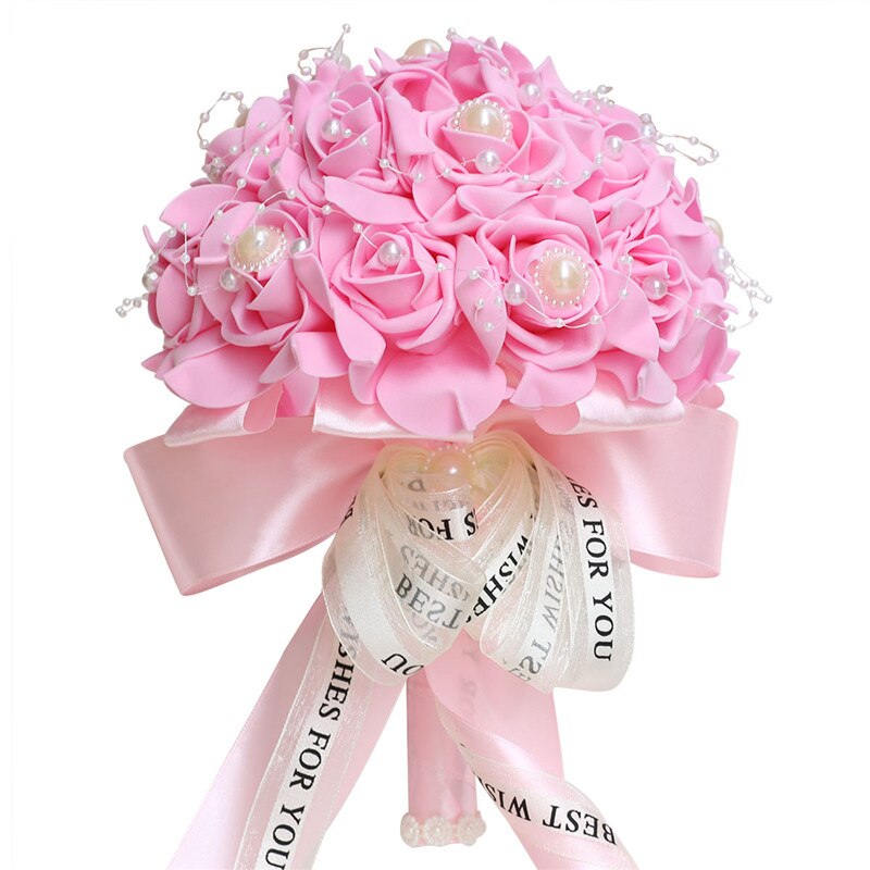 Fleur Rose PE Bouquet demoiselle d'honneur tenant des fleurs mariée ruban De soie Bouquets De Mariage mousse Rose avec perle fête De Mariage W205: pink