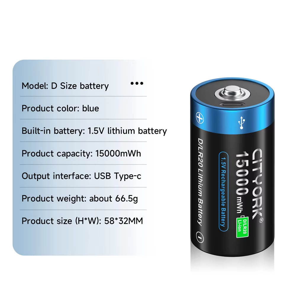 CITYORK-batería de litio recargable tamaño D, 1,5 V, carga USB, baterías de iones de litio R20 LR20 con USB para estufa de Gas, linterna de agua