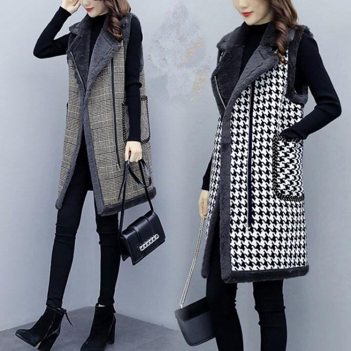 Herfst winter geruite lange wollen vest dames plus fluwelen dikke gilet plus size mouwloze jas vest dames jas l /5xl k1342