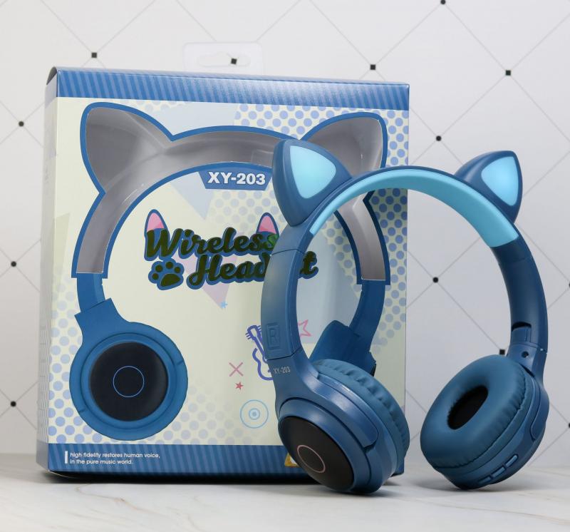 XY-203 Cat Ear Bluetooth 5.0 Headphones LED Light Noise Cancelling Girls Kids Cute Headset Radio Mic Wireless Headphones: Dark blue