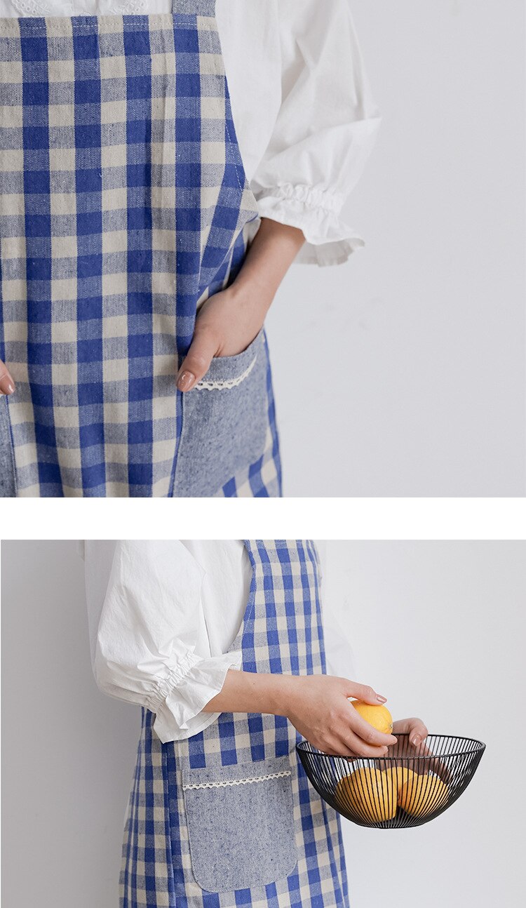 Japanse Stijl Katoen En Linnen Band Denim Rooster Geometrische Patroon Mouwloze Schort Volwassen Keuken Hand-Vegen Pocket Plaid