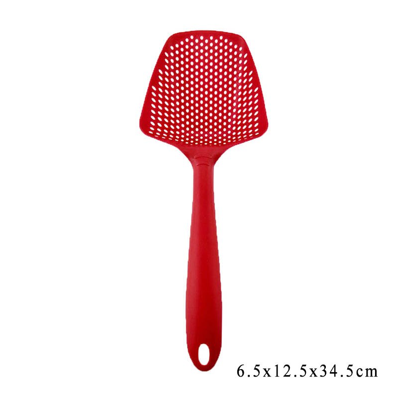 Kleurrijke vergiet lekkende schep filter groentezeef schep plastic draagbare multifunctionele keukenaccessoires filterlepel: Rood