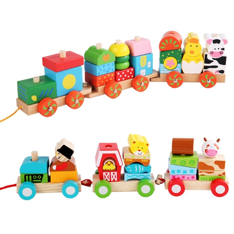Kids Houten Pull Langs Trein Stapelen Bouwsteen Baby Vroege Educatief Speelgoed Y4UD