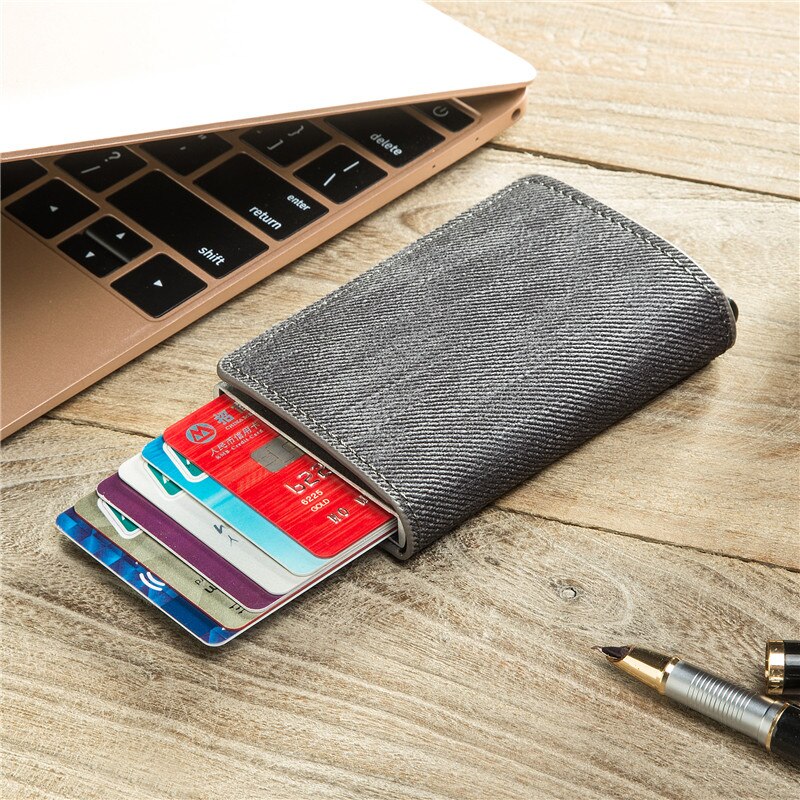 Bycobecy Men&#39;s Magic Slim Pull Out Wallet Denim Purse Card Holder RFID Blocking Card Holder Anti-theft Clutch Single Box