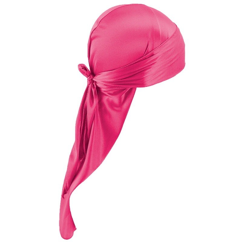 Satin Men Stretchy Cap Hip Hop Wigs Turban Bandana Headwear Toe Cap Solid Color Long Pirate Hat Tie Down Tail Hair Accessories: rose red