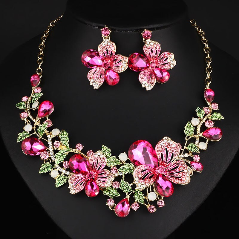 FARLENA Sieraden Luxe Multicolor Crystal Rhinestones Bloemen Ketting Oorbellen Set Bridal Prom Sieraden Sets: pink