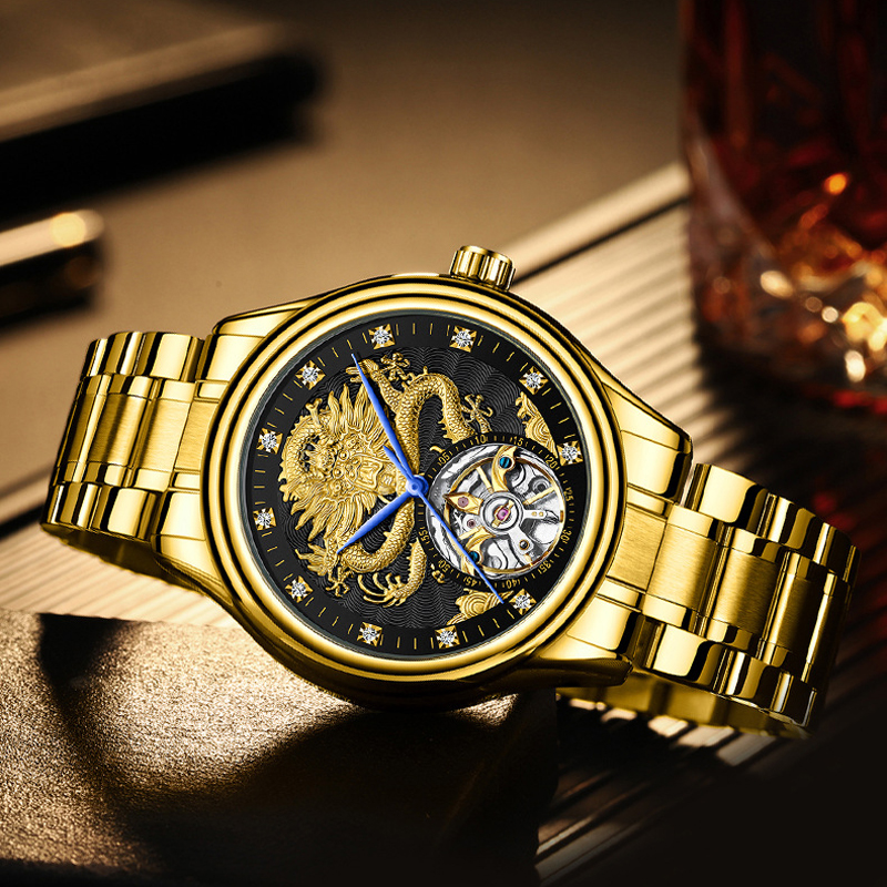 FNGEEN Luxus Männer Automatische Mechanische Uhr Wasserdicht Gold Drachen Uhren Für Männer Edelstahl Tourbillon Relogio Masculino