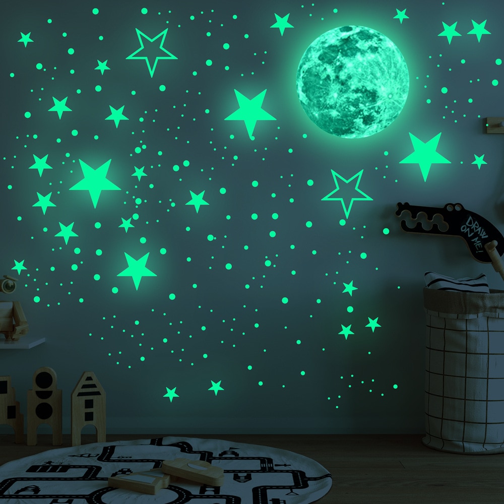 30cm måne 435 stk stjerner prikker grønn lysende veggklistremerke barnerom tak trapp tapet fluorescerende veggmaleri