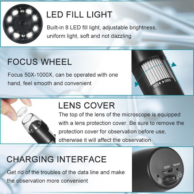1000X Wifi Microscope Microscope Numérique Portable Portable USB Interface Microscopes électroniques 8 Led Support Pour Android IOS