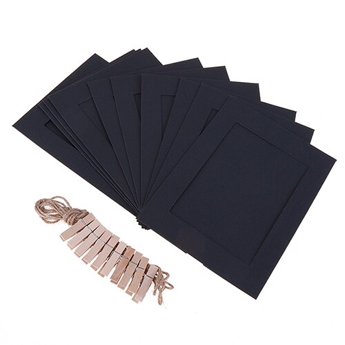 10Pcs DIY Kraft Paper Photo Frame 3-7 inch Hanging Wall Photos Picture Frame Kraft Paper With Clips and Rope For Family Memory: Black / 6 inch