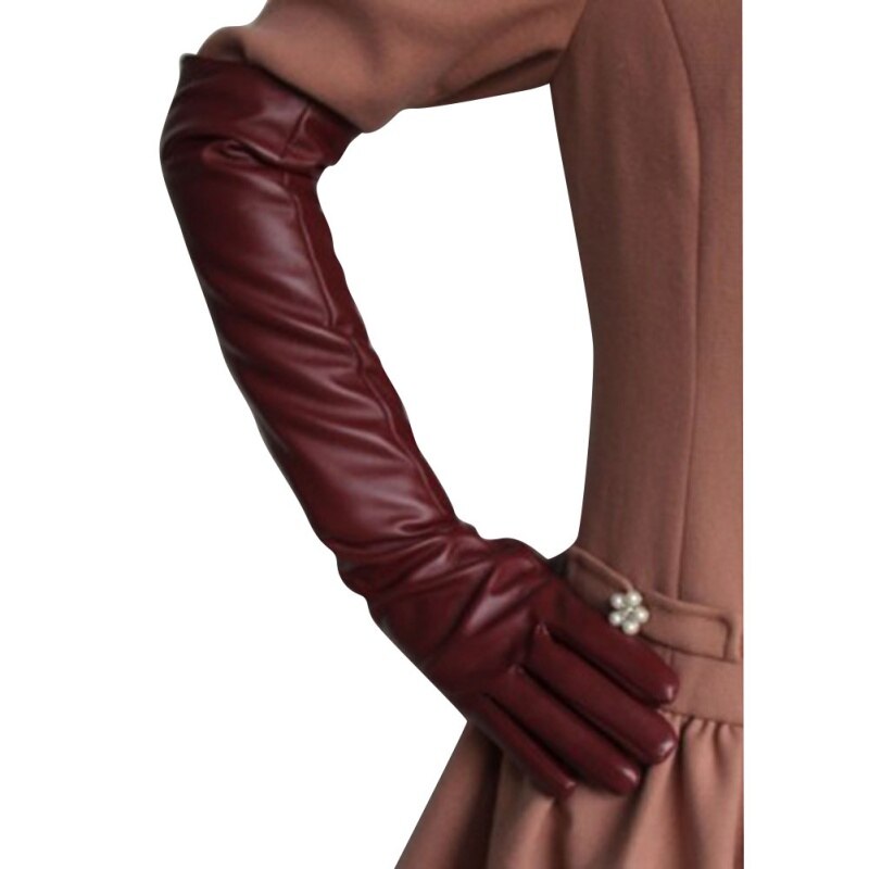 Panie kobiety Opera Party Over Elbow Glove PU skórzane długie rękawiczki: Brązowy / S