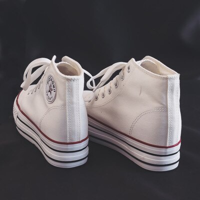 Dame lærredssko high-top indvendig forøgelse plus lille størrelse 34 ren farve hvide sneakers 5.0cm hæle snørebånd pige fritidssko: Hvid / 39
