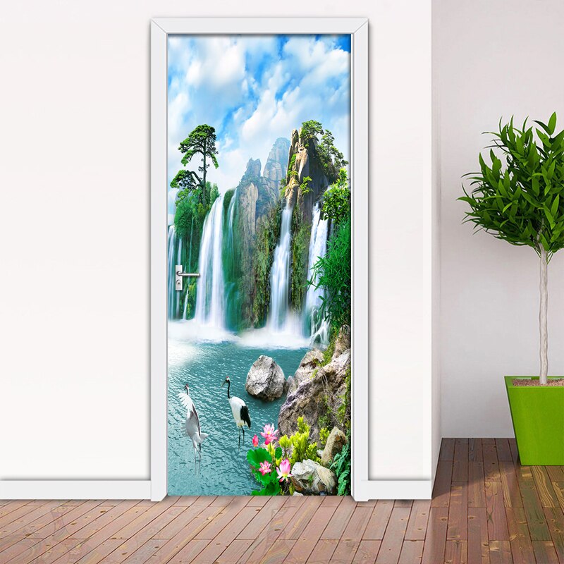 Waterfall Chinese Door Sticker 3D Nature Scene Living Room Bedroom Door Wallpaper Wall Stickers Self-Adhesive Waterproof Decor