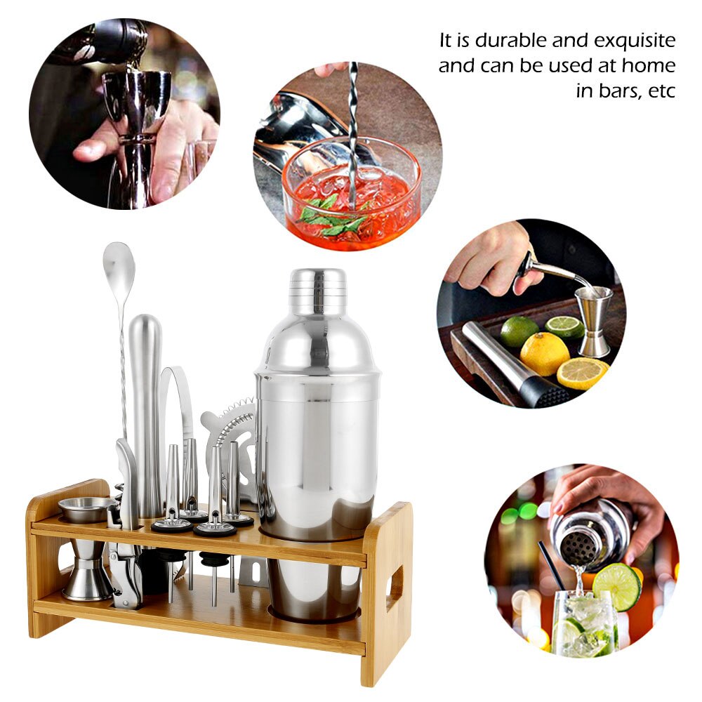 Ensemble de 12 shakers à Cocktail de 750ml, cuillère à mélanger avec Jigger, pince, outils de bar avec support de rangement en bois, barres pour boissons mélangées