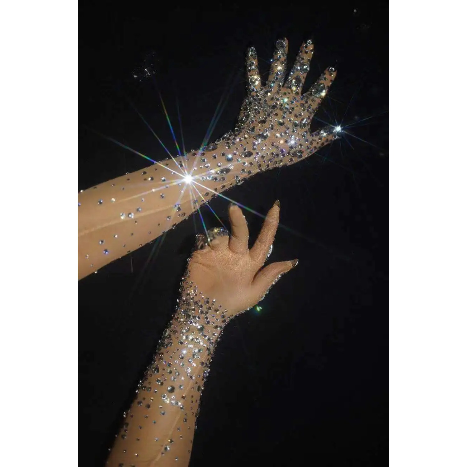 Women Sparkly Luxurious Stretch Rhinestones Long Gloves Crystal Mesh Gloves Dancer Singer Party Nightclub Stage Show Accessories