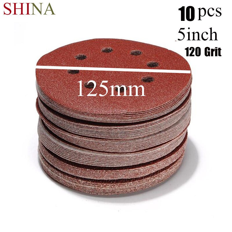 SHINA 10 stks 125mm 5 "haak Lus Schuren papier met 8 Gat Zand Pads Set 120 Grit Sander Disc Schuurmiddelen voor polish machine