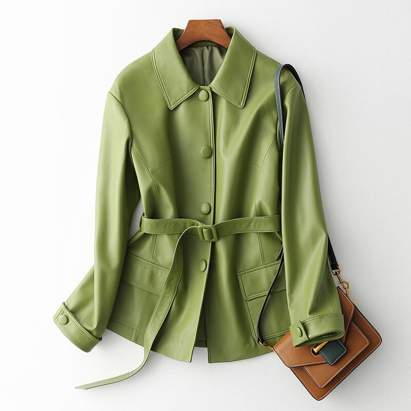 Fitaylor kvinder grøn læderjakke med bælte afslappet faux læderjakker damer single-breasted basic coat highstreet outwear: Grøn / M