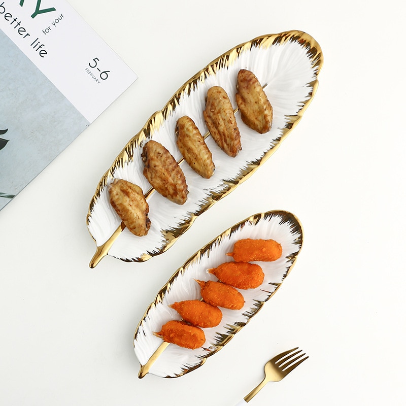 Luksus keramisk tallerken opbevaringsbakke med glodkant grøn blad glod fjer smykker makeup børste opbevaring dekorativ sushi plade